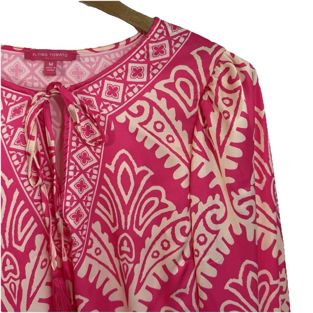 Flying Tomato Blouse Top M Damask Print Kimono Sleeve Tassel Fringe Boho - Picture 5 of 13
